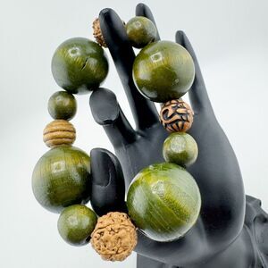 Vintage Green Wood Ball Bracelet Stretch Earthy Carved Retro Chunky Natural